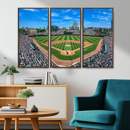 Wrigley Field Baseball Stadium Canvas Wall Art, Packed Crowd Sports Stadium Print, City Skyline Baseball Field Canvas for Game Room Decor