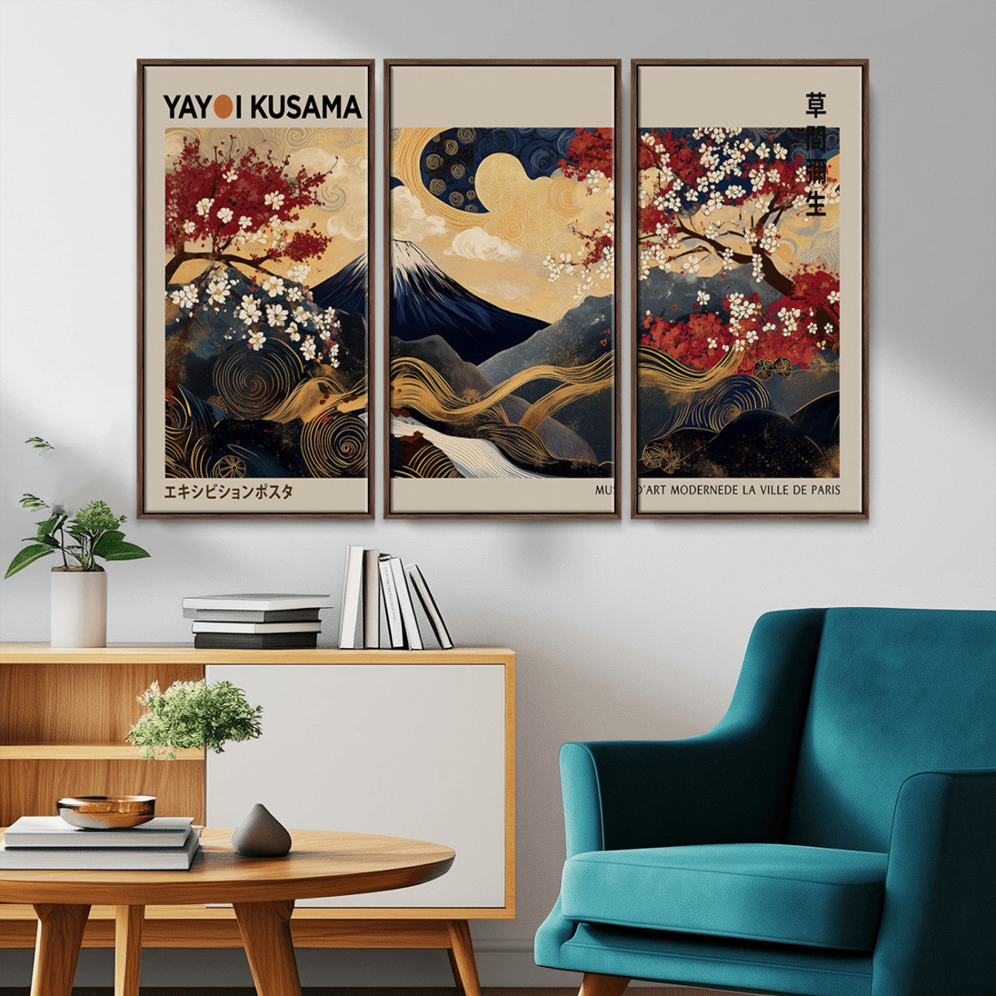 Yayoi Kusama's artwork featuring Mount Fuji, blooming cherry trees, and intricate swirls, blending traditional Japanese elements with vibrant color.