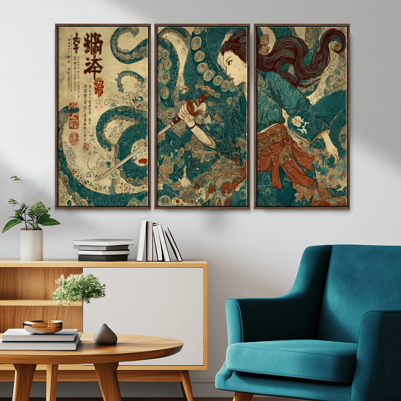 Tsukioka Yoshitoshi Samurai Wall Art Print, Japanese Katana Warrior Canvas Wall Art, Octopus Sea Monster Canvas Print,