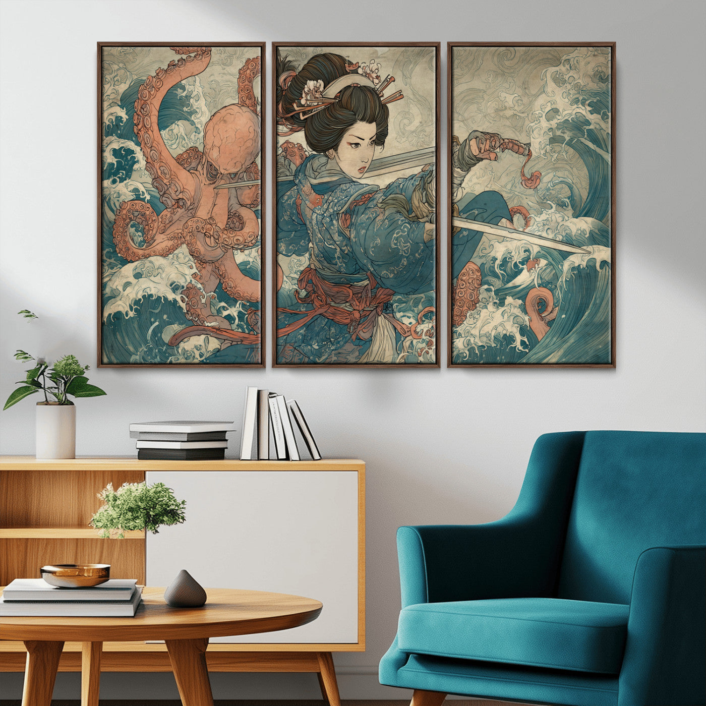 Tsukioka Yoshitoshi Samurai Wall Art Print, Japanese Katana Warrior Canvas Wall Art, Octopus Sea Monster Canvas Print,