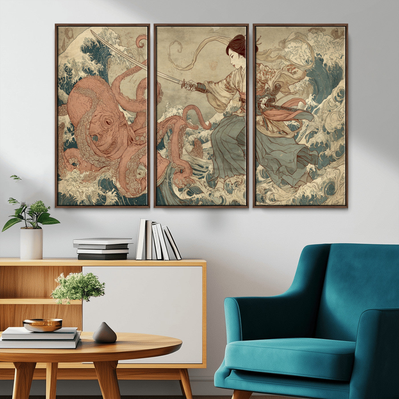 Tsukioka Yoshitoshi Samurai Wall Art Print, Japanese Katana Warrior Canvas Wall Art, Octopus Sea Monster Canvas Print,