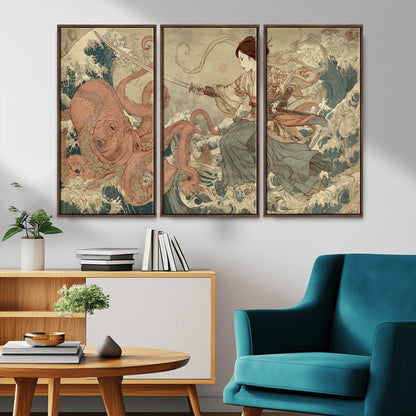 Tsukioka Yoshitoshi Samurai Wall Art Print, Japanese Katana Warrior Canvas Wall Art, Octopus Sea Monster Canvas Print,