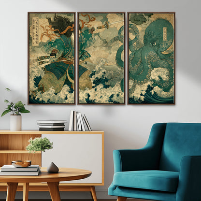 Tsukioka Yoshitoshi Samurai Wall Art Print, Japanese Katana Warrior Canvas Wall Art, Octopus Sea Monster Canvas Print,