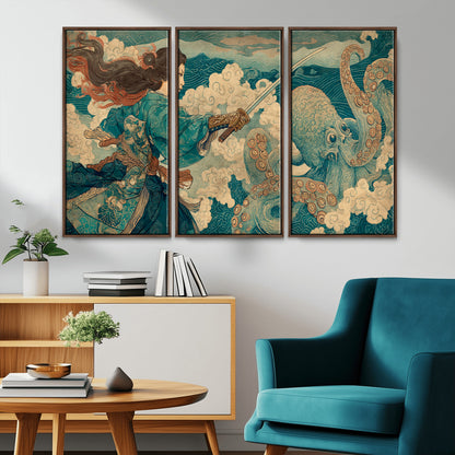 Tsukioka Yoshitoshi Samurai Wall Art Print, Japanese Katana Warrior Canvas Wall Art, Octopus Sea Monster Canvas Print,
