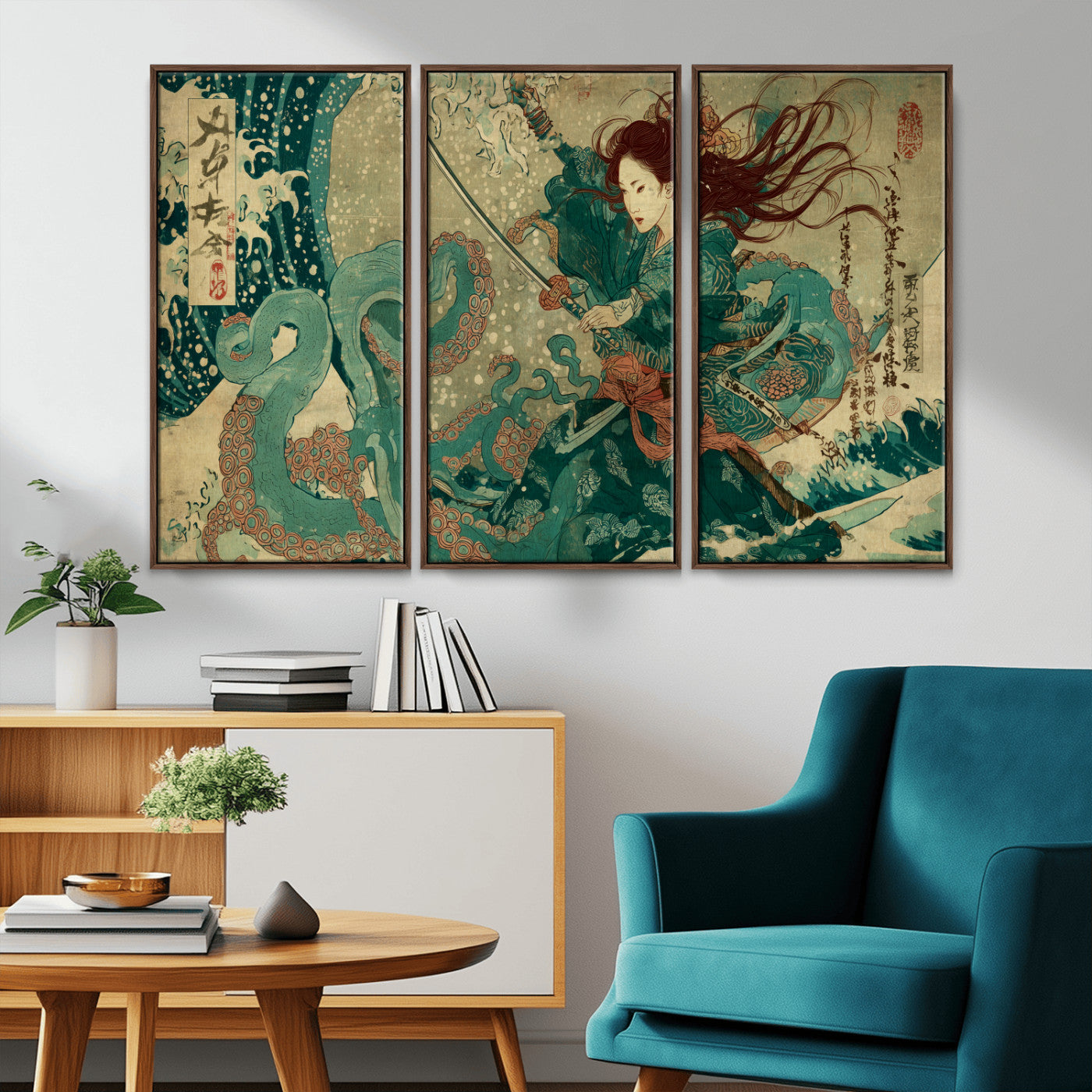 Tsukioka Yoshitoshi Samurai Wall Art Print, Japanese Katana Warrior Canvas Wall Art, Octopus Sea Monster Canvas Print,