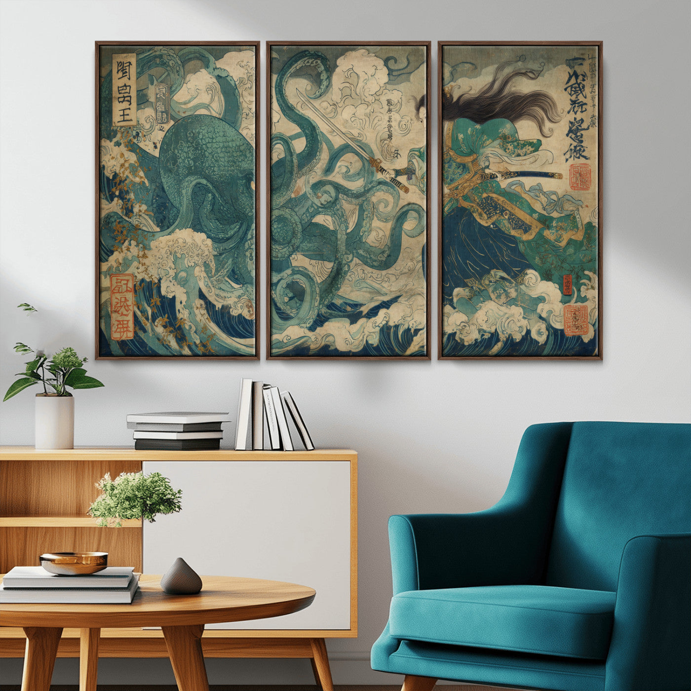 Tsukioka Yoshitoshi Samurai Wall Art Print, Japanese Katana Warrior Canvas Wall Art, Octopus Sea Monster Canvas Print,