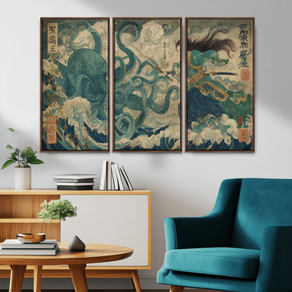 Tsukioka Yoshitoshi Samurai Wall Art Print, Japanese Katana Warrior Canvas Wall Art, Octopus Sea Monster Canvas Print,