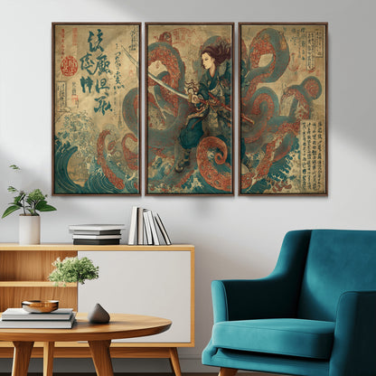 Tsukioka Yoshitoshi Samurai Wall Art Print, Japanese Katana Warrior Canvas Wall Art, Octopus Sea Monster Canvas Print,