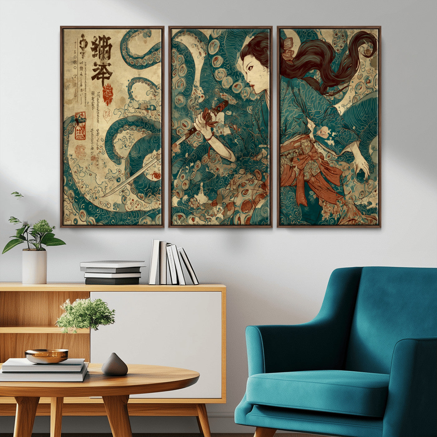 Tsukioka Yoshitoshi Samurai Wall Art Print, Japanese Katana Warrior Canvas Wall Art, Octopus Sea Monster Canvas Print,