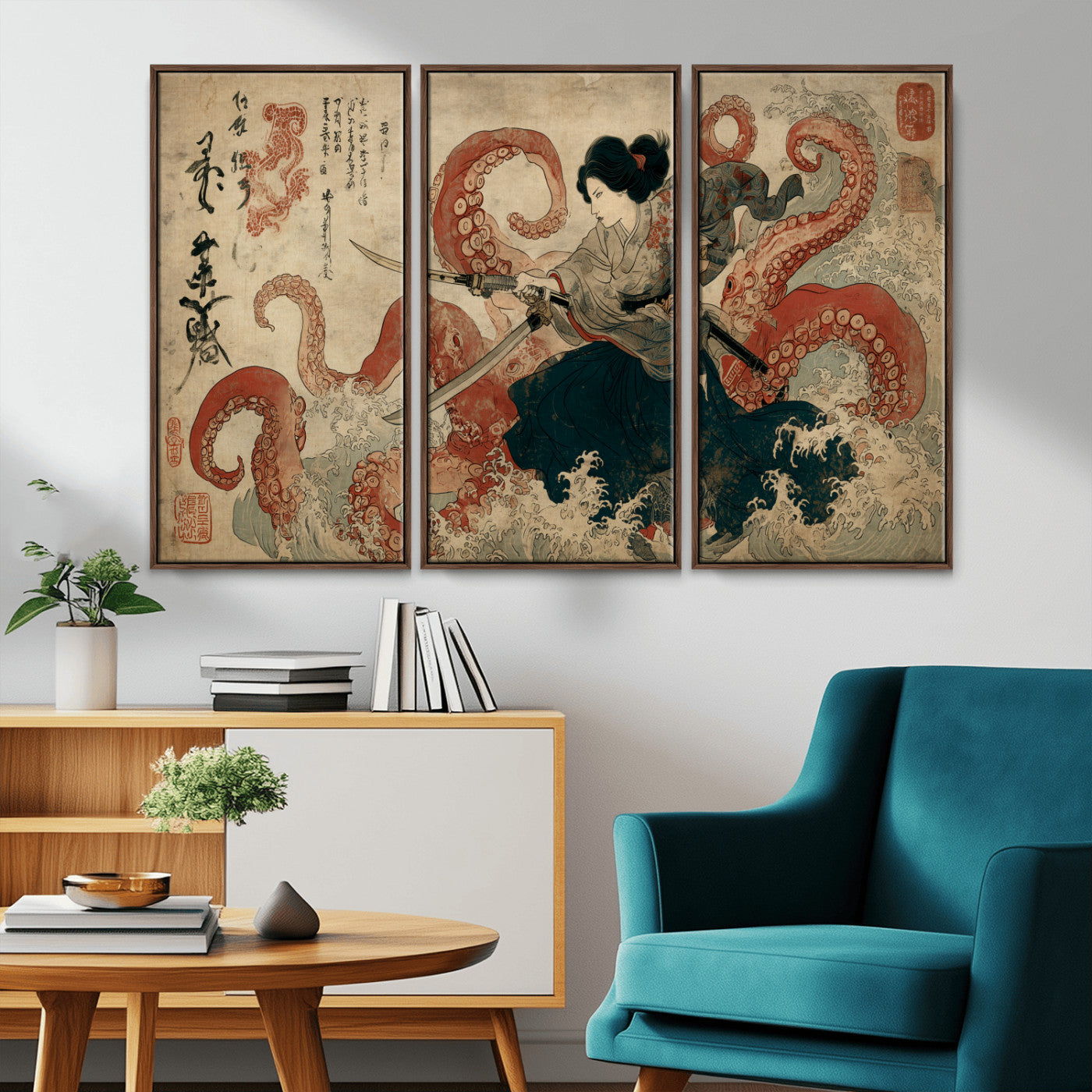 Tsukioka Yoshitoshi Samurai Wall Art Print, Japanese Katana Warrior Canvas Wall Art, Octopus Sea Monster Canvas Print,