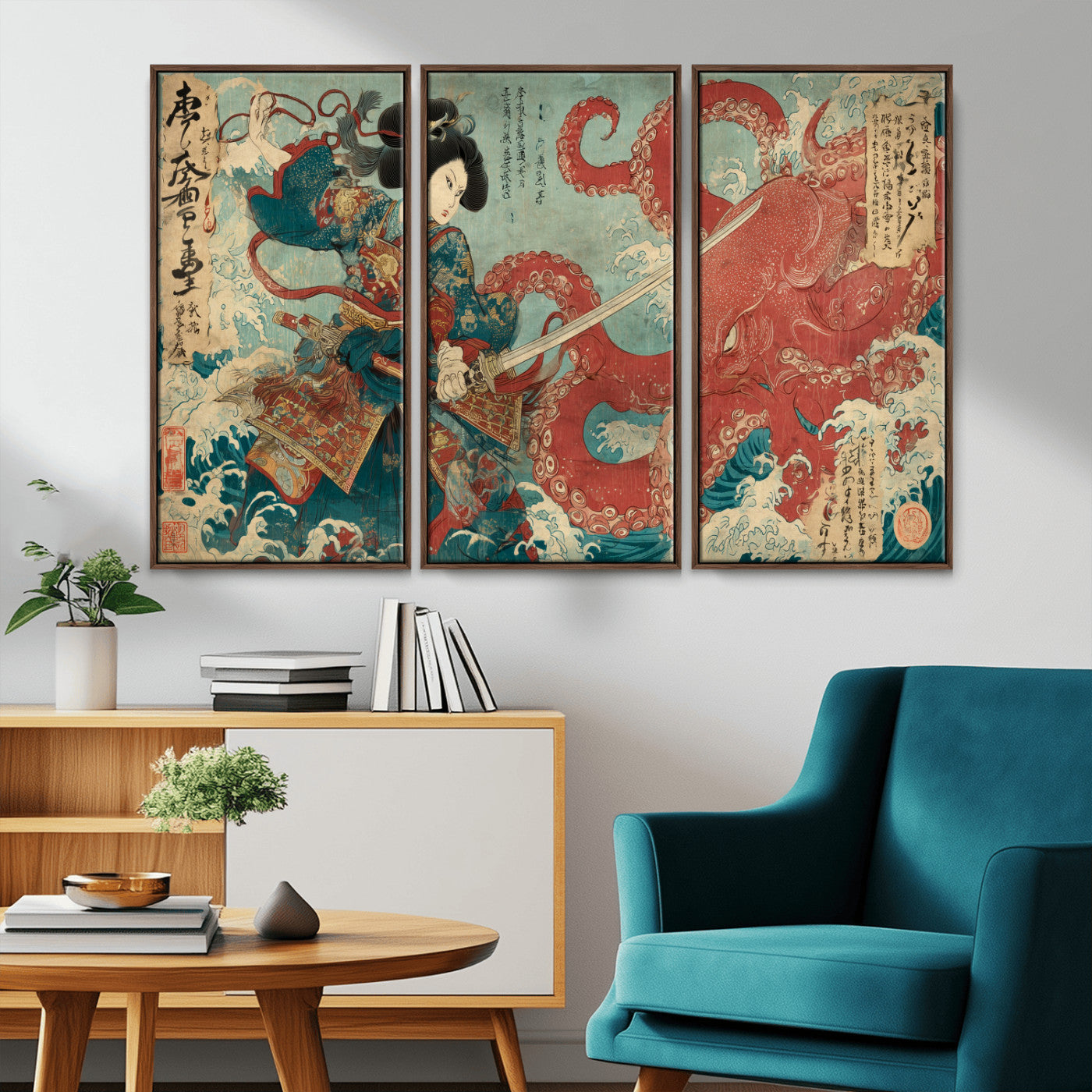 Tsukioka Yoshitoshi Samurai Wall Art Print, Japanese Katana Warrior Canvas Wall Art, Octopus Sea Monster Canvas Print,