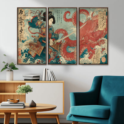 Tsukioka Yoshitoshi Samurai Wall Art Print, Japanese Katana Warrior Canvas Wall Art, Octopus Sea Monster Canvas Print,