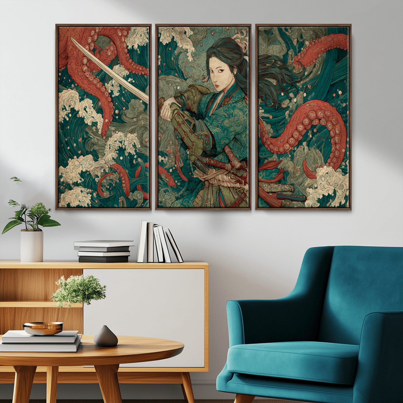 Tsukioka Yoshitoshi Samurai Wall Art Print, Japanese Katana Warrior Canvas Wall Art, Octopus Sea Monster Canvas Print,