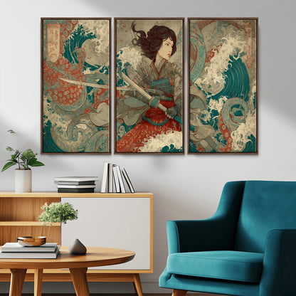 Tsukioka Yoshitoshi Samurai Wall Art Print, Japanese Katana Warrior Canvas Wall Art, Octopus Sea Monster Canvas Print,