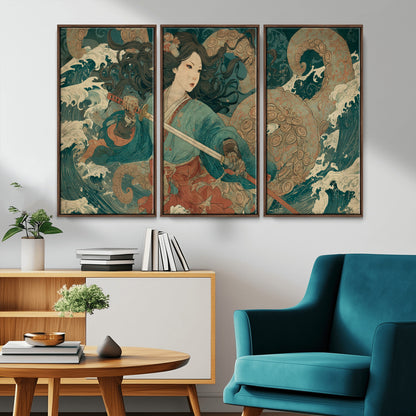 Tsukioka Yoshitoshi Samurai Wall Art Print, Japanese Katana Warrior Canvas Wall Art, Octopus Sea Monster Canvas Print,
