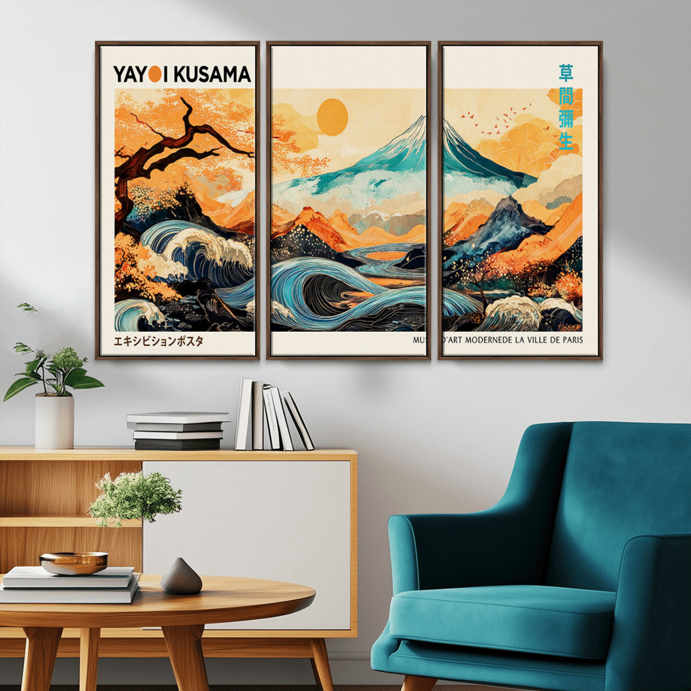 Modern Japanese-style art print featuring a stylized Mount Fuji, flowing waves, and vibrant landscapes in bold colors, inspired by traditional and contemporary aesthetics.