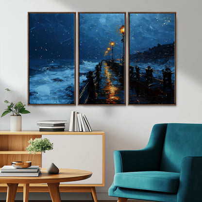 "Impressionistic painting of a rainy pier at night with glowing street lamps reflecting on the wet surface, ocean waves crashing under a dark blue sky."