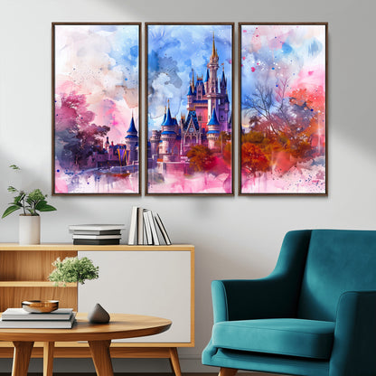 Watercolor canvas of a dreamy Disney-style castle in pastel pink and blue tones, perfect for fairytale or whimsical home decor.