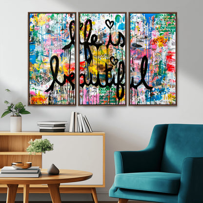 Colorful urban-style canvas with graffiti text “Life is Beautiful” in black paint, ideal for bold or street-themed home decor.