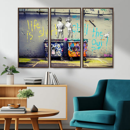 Graffiti-style canvas art with bold text and two naked figures over urban dumpsters, ideal for edgy or street-style decor.