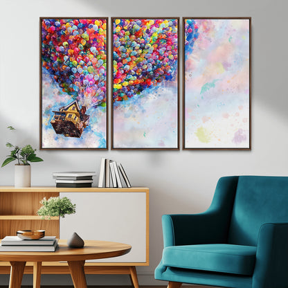Whimsical canvas of the house from the movie Up flying with colorful balloons, ideal for Pixar or animation-themed decor.