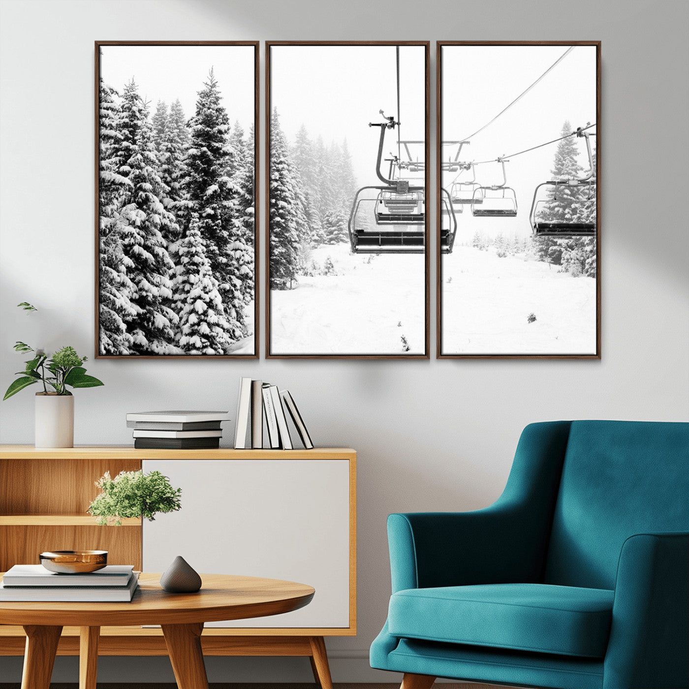 Black and white canvas of empty ski lifts over a snowy pine forest, perfect for minimal winter or ski lodge-inspired decor.