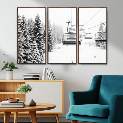 Black and white canvas of empty ski lifts over a snowy pine forest, perfect for minimal winter or ski lodge-inspired decor.