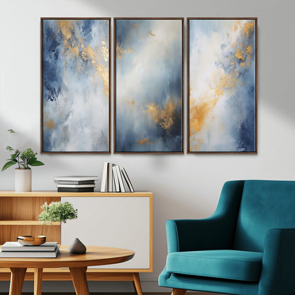 Abstract canvas art in soft blue and gold tones with textured brushstrokes, ideal for elegant or modern neutral decor spaces.