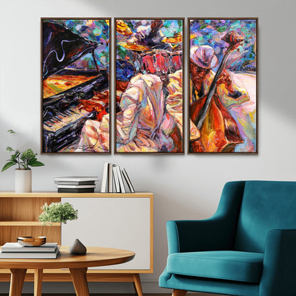 Vibrant oil painting of a jazz band with piano, saxophone, and bass, ideal for colorful and expressive music-themed home decor.