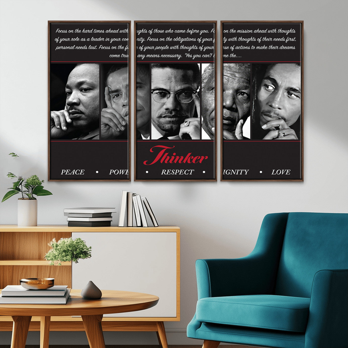 Monochrome canvas of iconic Black leaders with a powerful quote, perfect for modern spaces with a cultural or motivational theme.