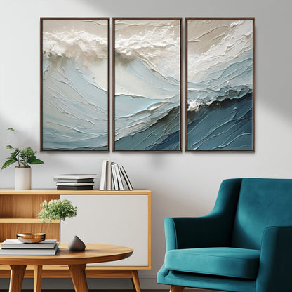 Textured canvas of ocean waves in soft coastal blues and creamy whites, ideal for modern or minimalist coastal-style interiors.
