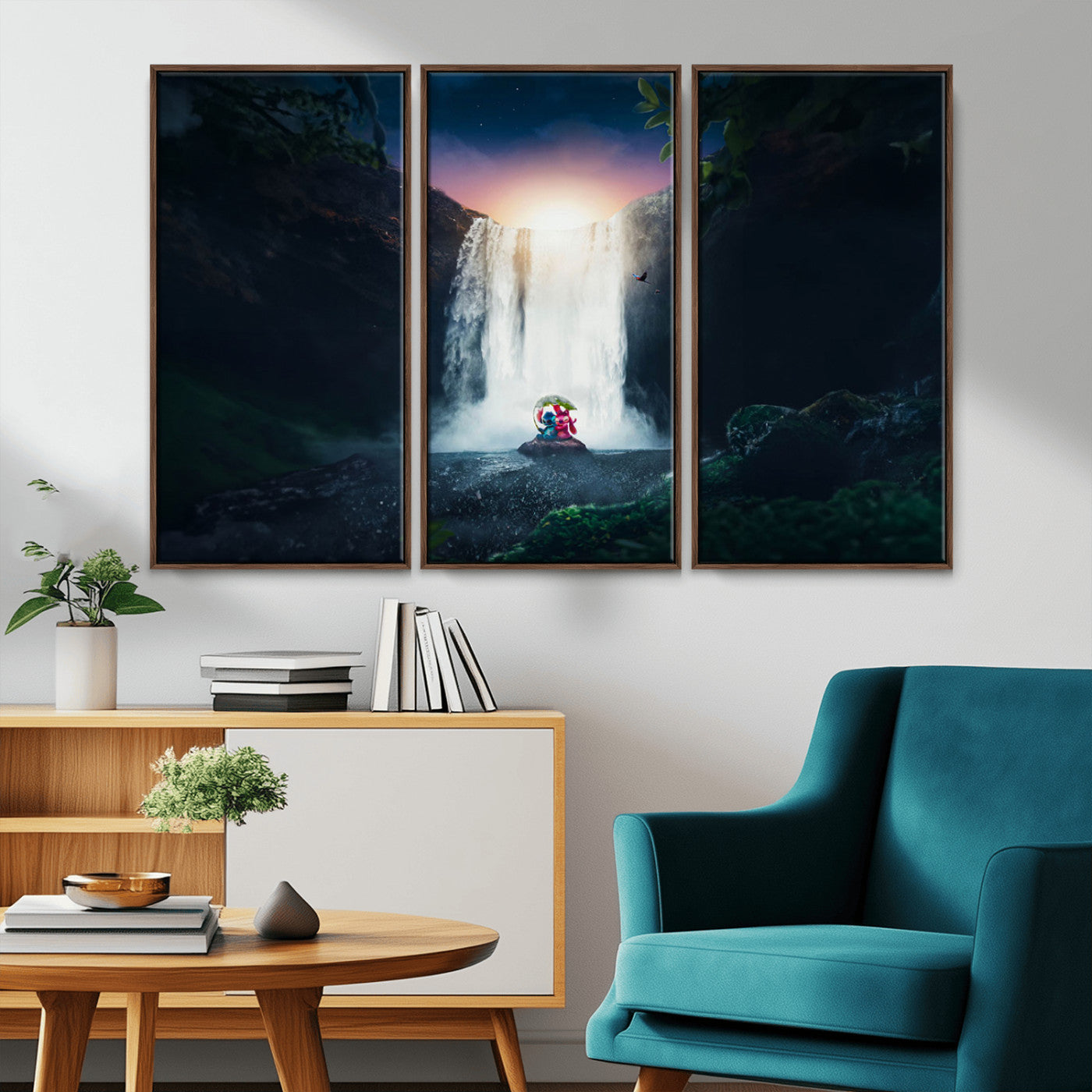 Romantic scene of Stitch and Angel sitting under a leaf in front of a glowing waterfall, ideal for tropical or fantasy-themed decor.