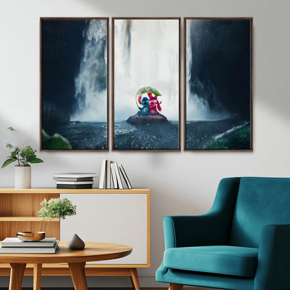 Fantasy canvas of Stitch and Angel under a leaf umbrella in front of a dramatic waterfall, perfect for moody jungle-themed or animated decor.