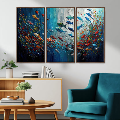 Colorful painting of fish swimming in abstract ocean swirls, perfect for vibrant marine-themed or expressive coastal home decor.