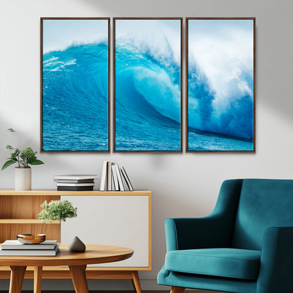 Vibrant canvas of a powerful curling ocean wave in tropical blue tones, perfect for coastal or surf-inspired decor settings.