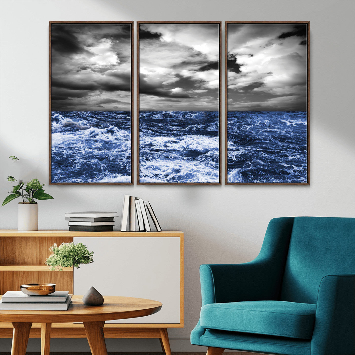 Moody canvas wall art of a stormy ocean under a dramatic black-and-white sky, perfect for bold or coastal-style interiors.