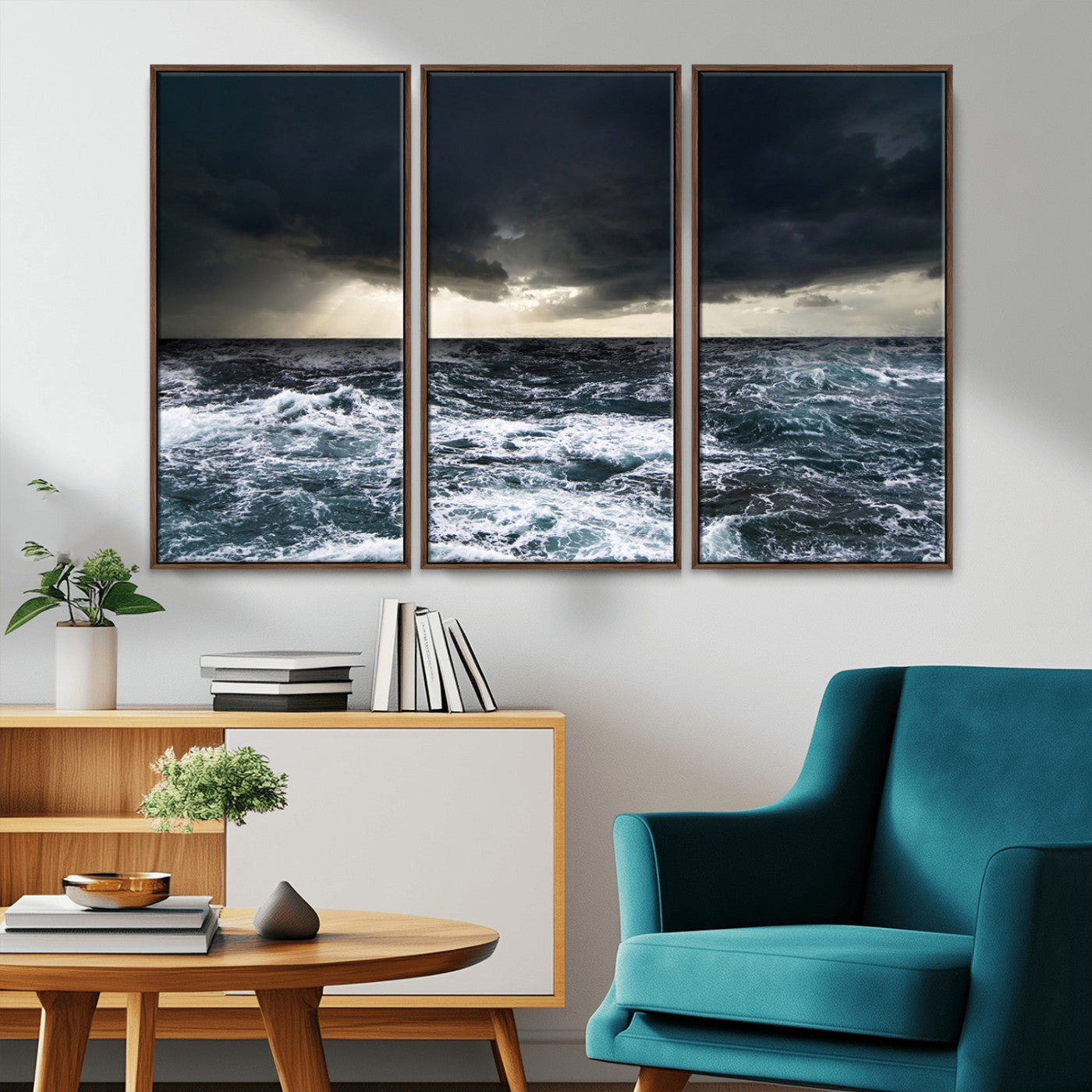 Moody ocean scene with stormy skies and crashing waves, perfect for dramatic or coastal-style home wall decor.