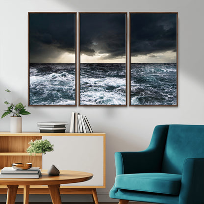 Moody ocean scene with stormy skies and crashing waves, perfect for dramatic or coastal-style home wall decor.