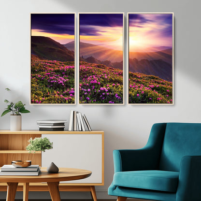 -Mountain Sunrise Wall Art – Vibrant Floral Landscape Canvas Print, Nature Home Decor for Living Room, Bedroom Office or Cabin