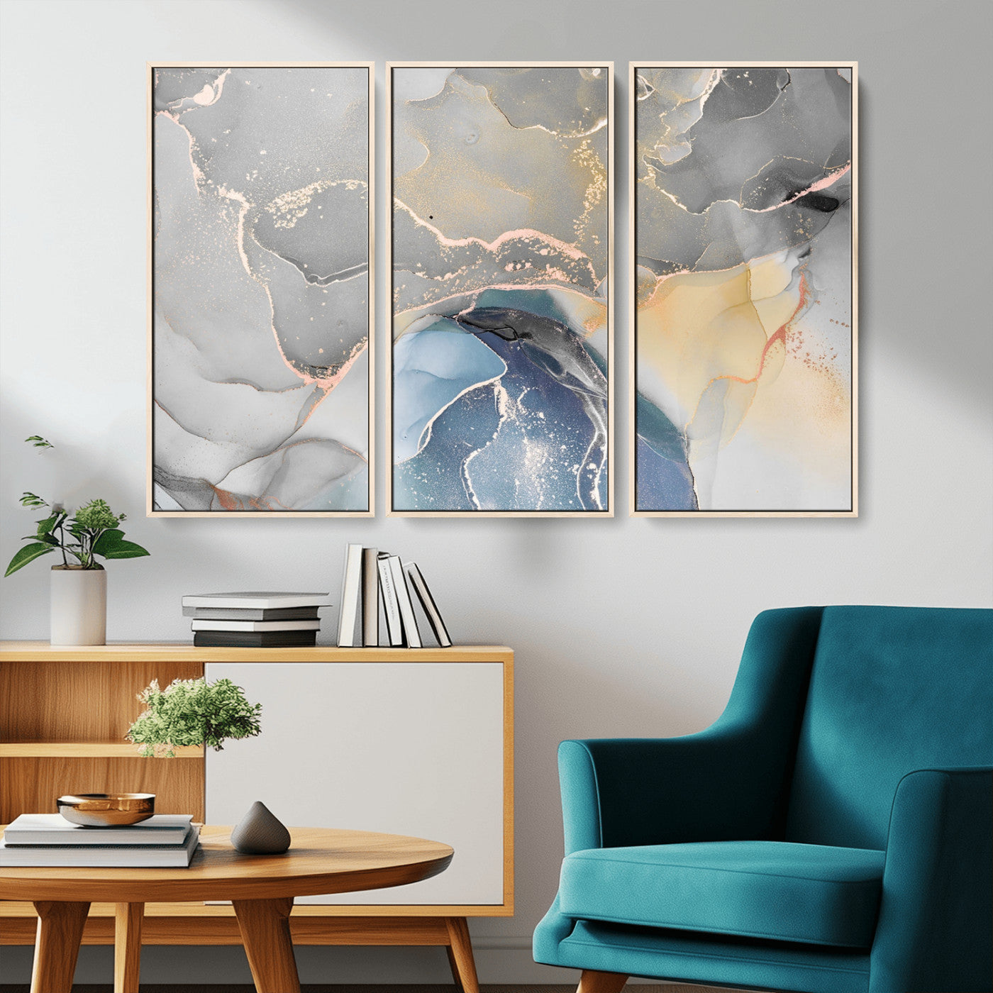 63211-MGV-FC-48X32-3P_Natural-Abstract Fluid Art Wall Decor – Blue, Gray & Gold Canvas Print, Modern Home and Office Wall Art Decor for Living Room, Bedroom or Workspace