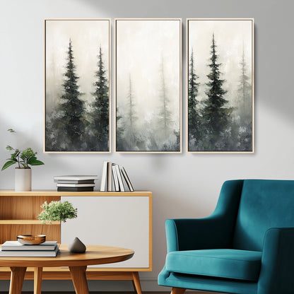 Soft and misty pine forest painting in neutral earthy tones, ideal for calm woodland or minimalist rustic home decor.