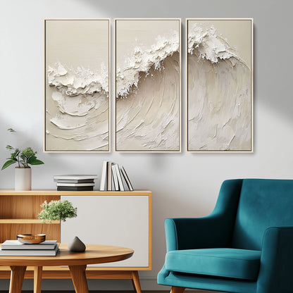 Textured canvas of an abstract white ocean wave in neutral tones, ideal for modern coastal or minimalist home decor.