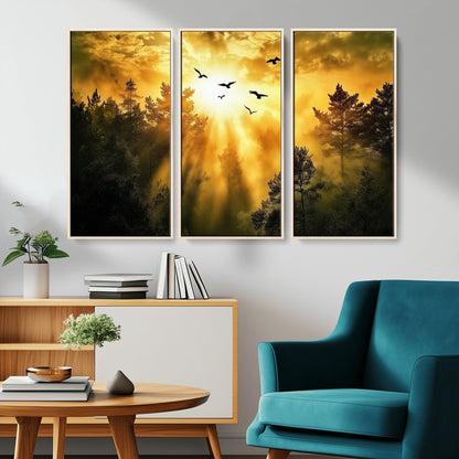 Canvas of a golden forest at sunset with birds flying through glowing sunbeams and silhouetted pine trees, ideal for warm-toned rustic decor.