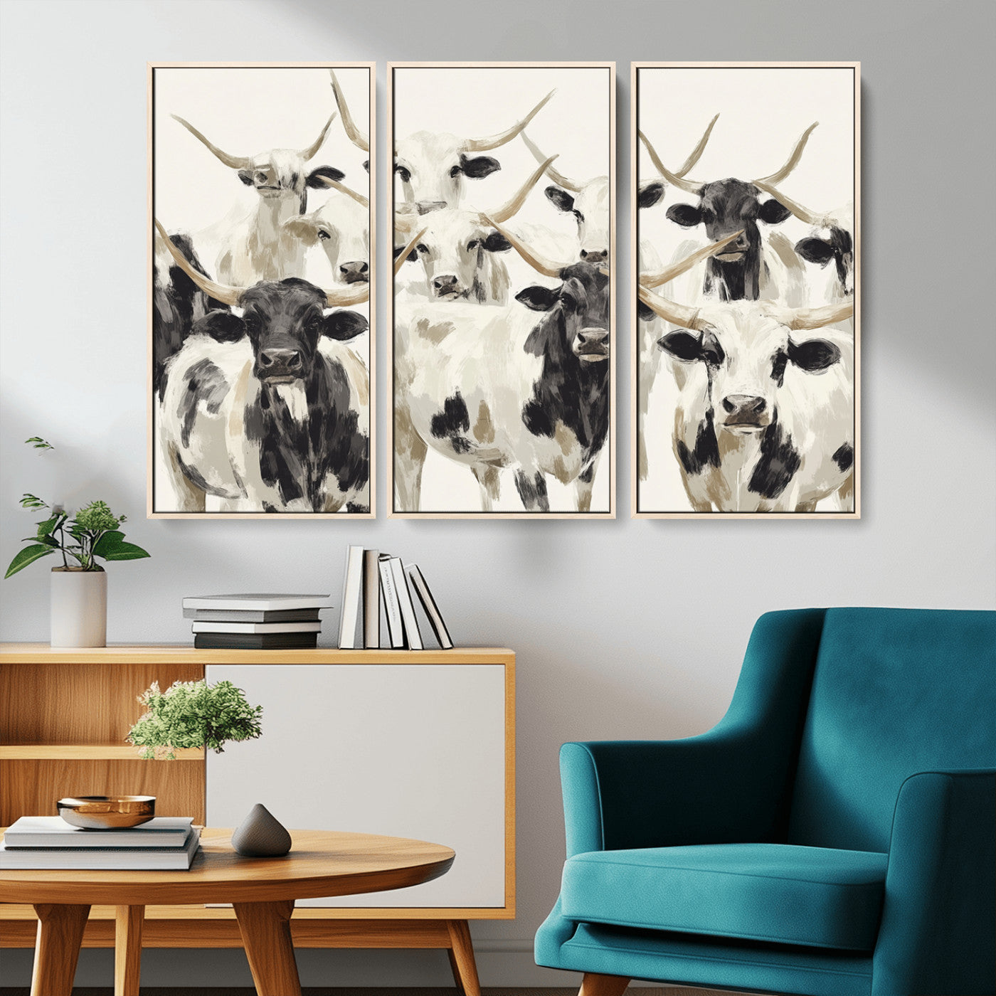 Canvas of a Texas Longhorn cattle herd in neutral black and white tones, ideal for rustic farmhouse or western-themed decor.