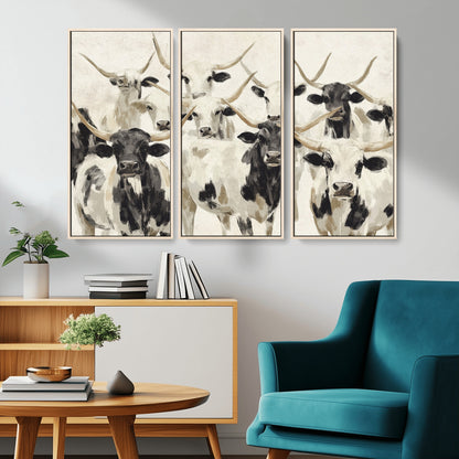 Canvas of a Texas Longhorn cattle herd in neutral black and white tones, ideal for rustic farmhouse or western-themed decor.