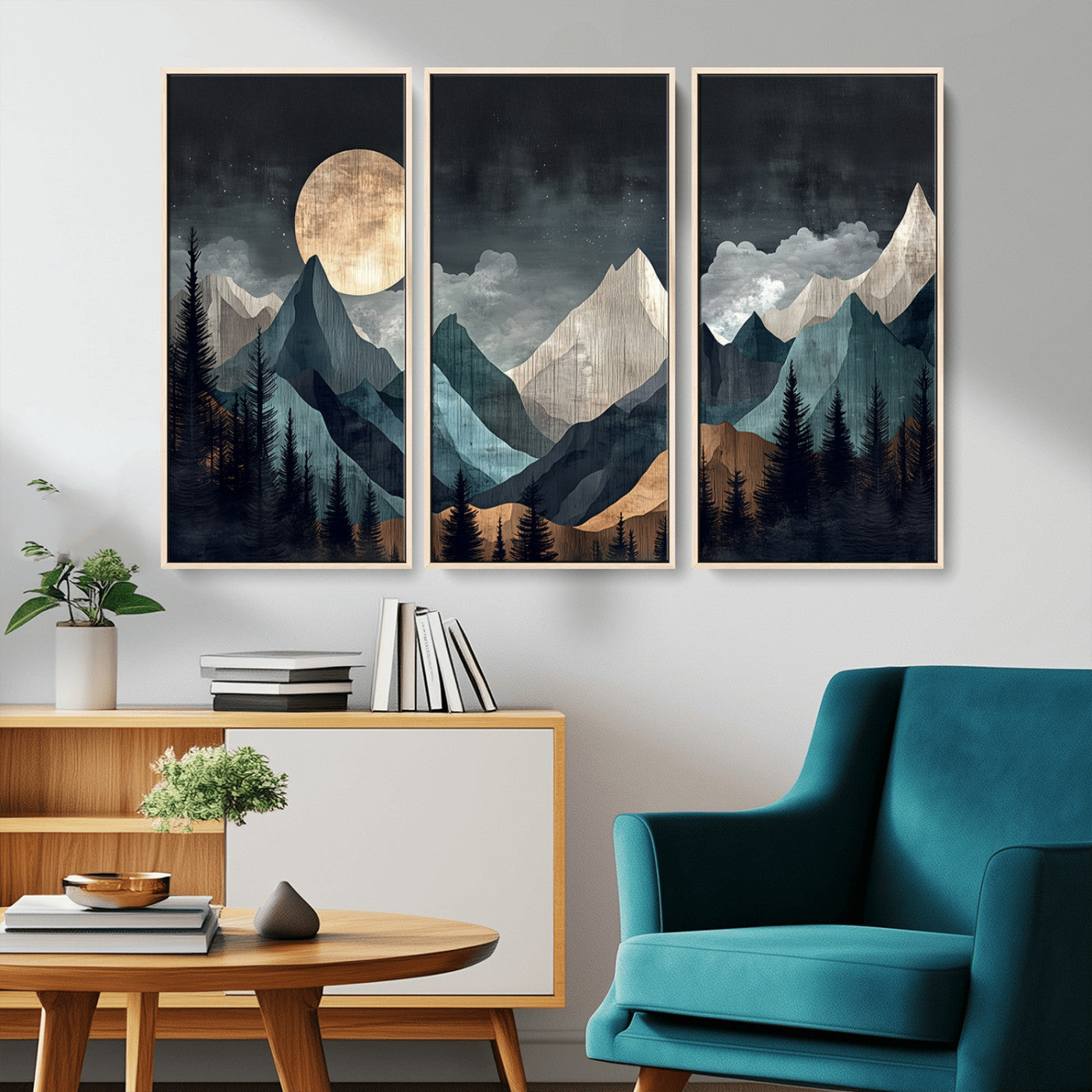 Stylized canvas of layered mountains under a full moon in neutral moody tones, ideal for nature-inspired or modern rustic interiors.