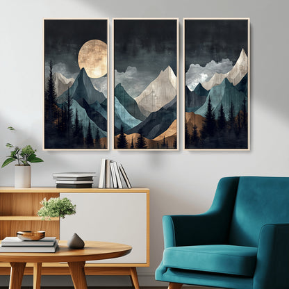 Stylized canvas of layered mountains under a full moon in neutral moody tones, ideal for nature-inspired or modern rustic interiors.