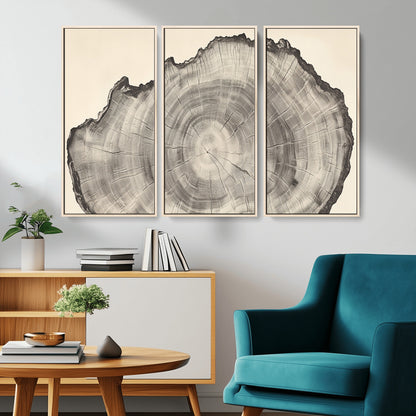 Detailed tree ring drawing in monochrome tones, ideal for rustic or nature-inspired interiors with a minimal decor aesthetic.