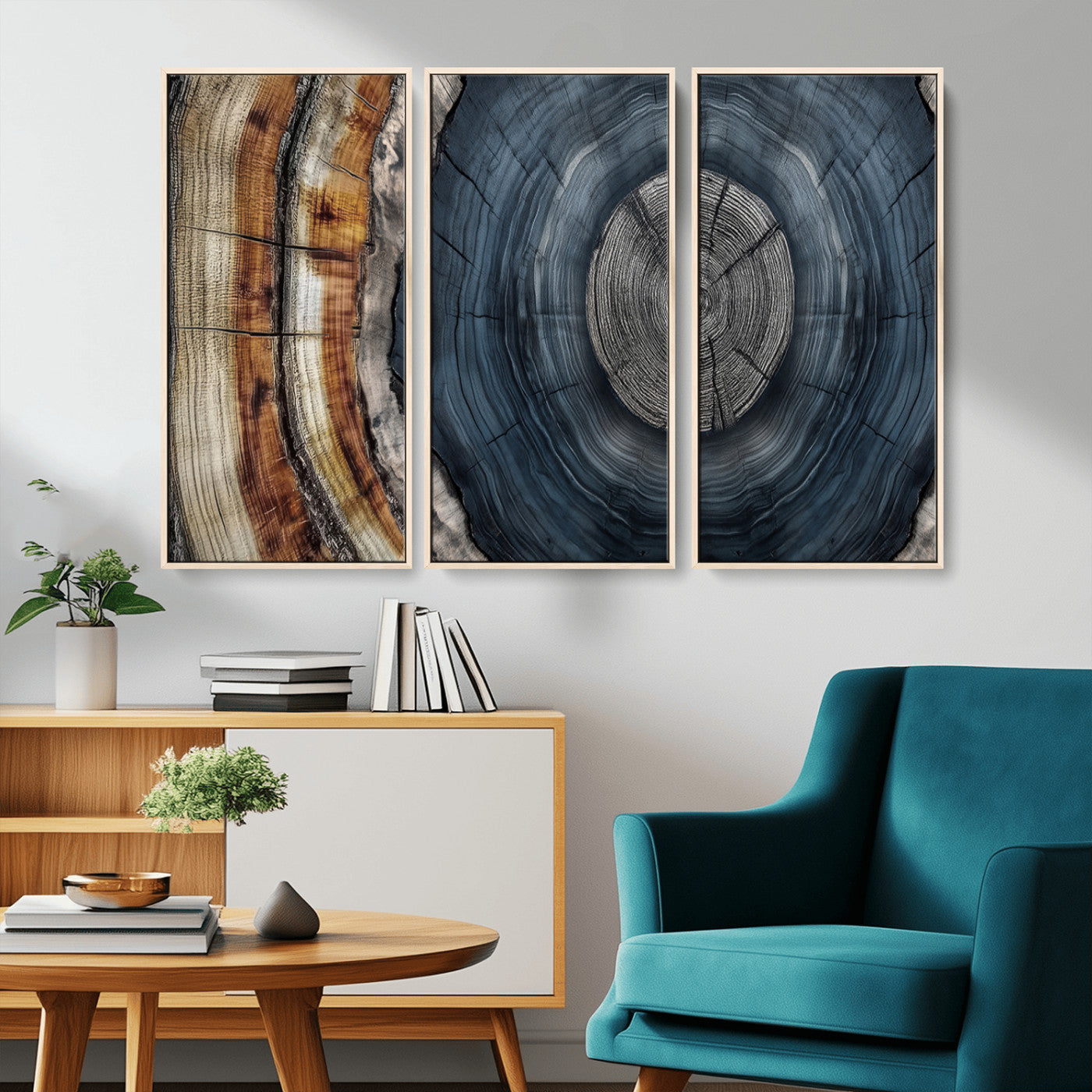 A stunning close-up of a tree trunk showing the intricate, circular growth rings, showcasing the natural textures and rich contrasts in deep blues, browns, and silvers.