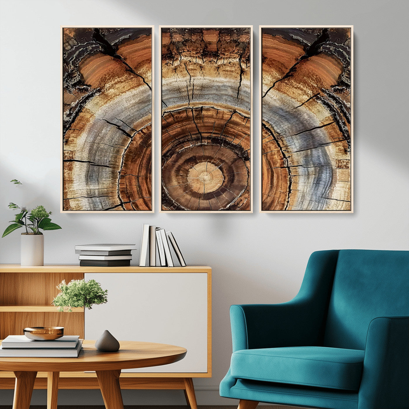 Canvas of tree rings and natural wood grain in earthy tones, ideal for rustic or vintage-inspired home decor with organic textures.